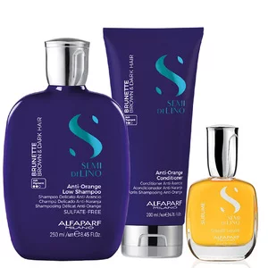 Alfaparf Milano Semi Di Lino Brunette, zestaw redukujący pomarańczowe odcienie dla brunetek, szampon + odżywka + olejek