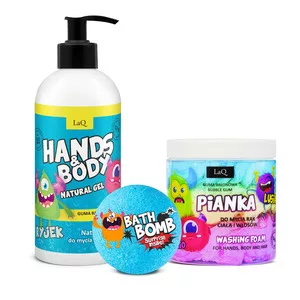 LaQ Guma Balonowa, zestaw do ciała dla dzieci, żel niebieski 300ml + pianka 3-kolorowa 100g + kula z niespodzianką 120g (sianko)