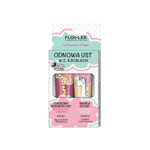 FlosLek Vege Lip Care zestaw odnowa ust w 2 krokach cukrowy scrub nastrojowy wiśniowy + maska do ust cytrynowa odnowa 2x14g