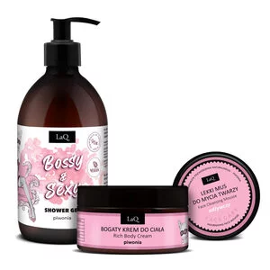 LaQ Piwonia Silver, zestaw, żel 500ml + krem do ciała 200ml + mus do twarzy 40g (sianko)