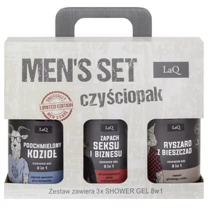 LaQ Zestaw Czyściopak Męski czarny 3x żel 500ml: 1x Zapach Seksu i Biznesu, 1x Ryszard z Bieszczad, 1x Podchmielony Kozioł