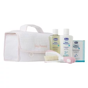Chicco Baby Moments zestaw dla dzieci: płyn do mycia 200ml + balsam do ciała 200ml + woda perfumowana 100ml + szczotka i grzebień + kosmetyczka (U)