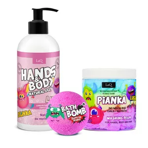 LaQ Landryna, zestaw do ciała dla dzieci, żel 300ml + pianka 3-kolorowa 100g + kula z niespodzianką różowa 120g (sianko)