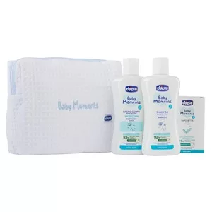 Chicco Baby Moments Blue zestaw dla dzieci: płyn do kąpieli 200ml + szampon do włosów 200ml + delikatne mydło 100g