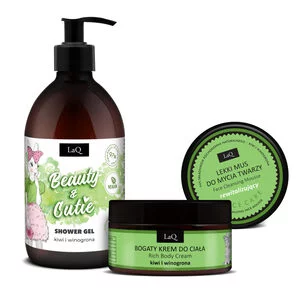 LaQ Kiwi i Winogrona Silver, zestaw, żel 500ml + krem do ciała 200ml + mus do twarzy 40g (sianko)