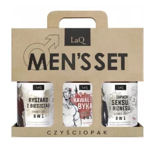 LaQ Czyściopak Męski, zestaw Czarny 3x żel 500ml: 1x ryszard z bieszczad, 1x kawał byka, 1x zapach seksu i biznesu