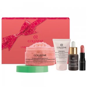 Collistar Unbox Your Uniqueness zestaw pomadka do ust 102 1.2ml + krople samoopalające do twarzy 10ml + przeciwzmarszczkowy krem wygładzający 15ml + ujędrniający peeling do ciała 70g