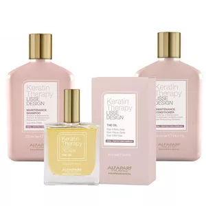 Alfaparf Milano Keratin Therapy Lisse Design, zestaw do włosów po keratynowych prostowaniu włosów, szampon + odżywka + olejek + serum