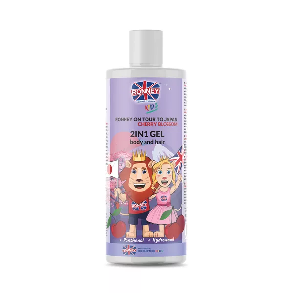 Ronney Kids on tour to Japan, Delikatny żel do mycia włosów i ciała dla dzieci 2w1 o zapachu wiśniowym 300ml