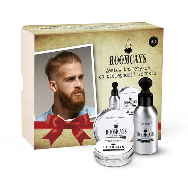 Roomcays Zestaw #1 kosmetyków dla mężczyzn olejek do brody 50ml + wosk do wąsów 30ml + balsam do zarostu 30ml
