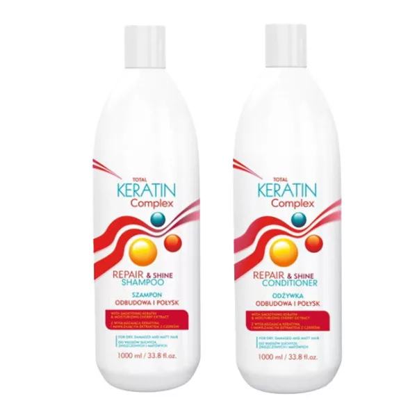 CeCe Total Keratin Complex, zestaw XL do odbudowy i połysku z keratyną i czereśnią, szampon + odżywka, 2x1000ml