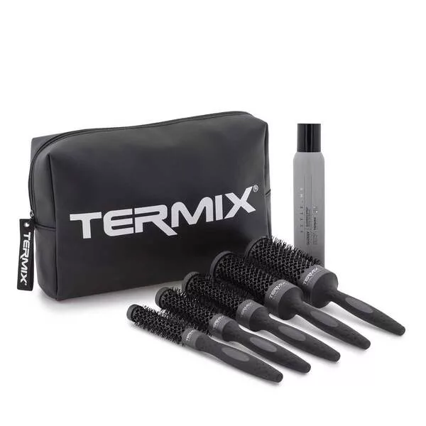Termix Evo Plus, zestaw 5 szczotek czarnych okrągłych + spray Glossy, różne rozmiary