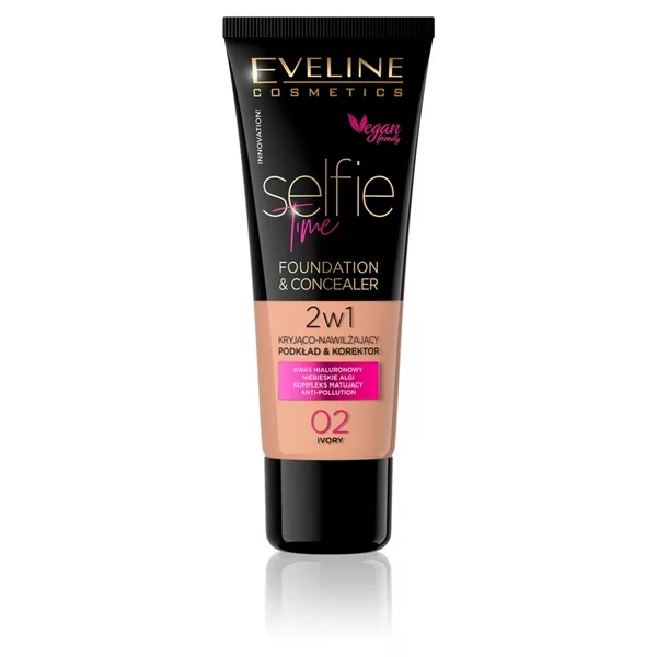 Eveline Selfie Time, kryjąco-nawilżający podkład i korektor 2w1, 02 ivory, 30ml