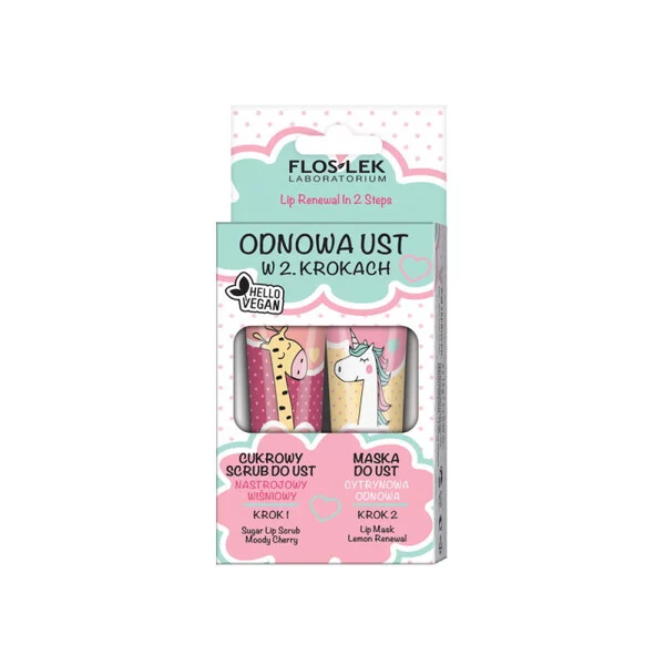 FlosLek Vege Lip Care zestaw odnowa ust w 2 krokach cukrowy scrub nastrojowy wiśniowy + maska do ust cytrynowa odnowa 2x14g