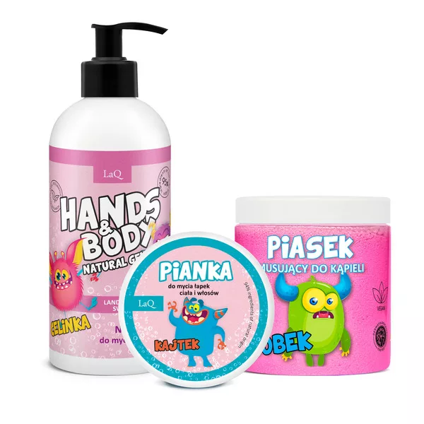LaQ Landryna, zestaw do ciała dla dzieci, żel 300ml + pianka 3-kolorowa 100g + piasek różowy 190g (sianko)