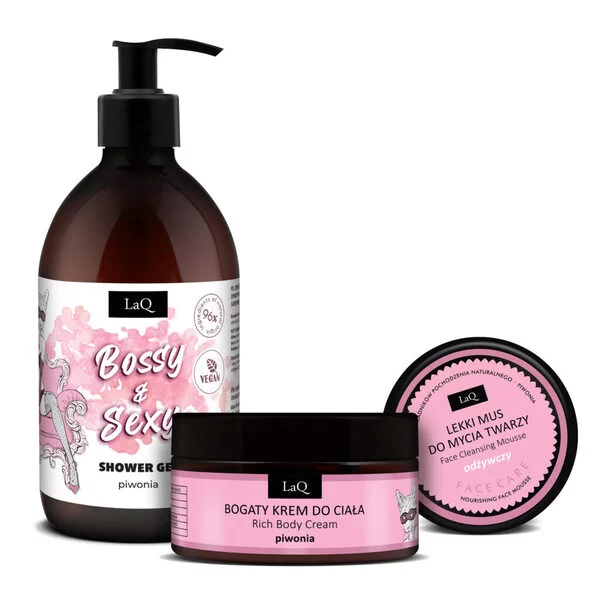 LaQ Piwonia Silver, zestaw, żel 500ml + krem do ciała 200ml + mus do twarzy 40g (sianko)