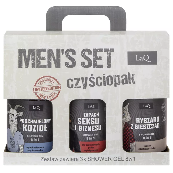 LaQ Zestaw Czyściopak Męski czarny 3x żel 500ml: 1x Zapach Seksu i Biznesu, 1x Ryszard z Bieszczad, 1x Podchmielony Kozioł
