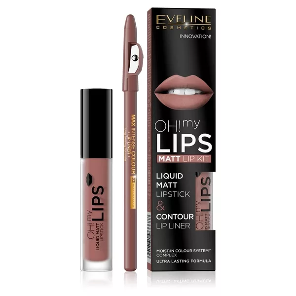 Eveline Oh! My Lips, zestaw: matowa pomadka w płynie i konturówka, 02 milky chocolate,