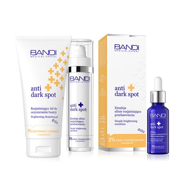 Bandi Anti Dark Spot, zestaw do pielęgnacji twarzy rozjaśniający przebarwienia, emulsja + żel + peeling