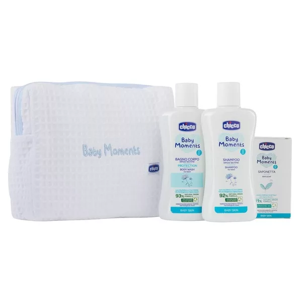 Chicco Baby Moments Blue zestaw dla dzieci: płyn do kąpieli 200ml + szampon do włosów 200ml + delikatne mydło 100g