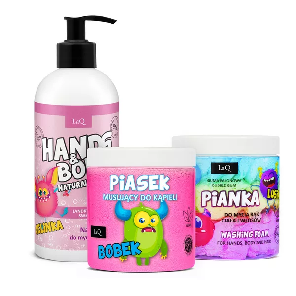 LaQ Landryna, zestaw do ciała dla dzieci, żel 300ml + piasek różowy 190g + pianka do łapek różowa 20g (sianko)