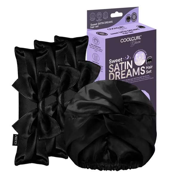 Glov Sweet Satin Dreams zestaw wałki do kręcenia włosów na zimno 3szt + dwuwarstwowy satynowy czepek do spania 1szt Black