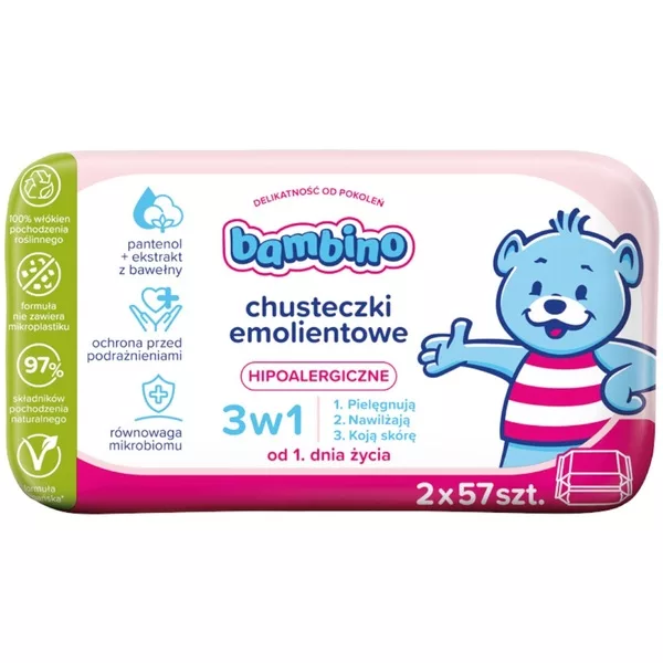 Bambino Chusteczki emolientowe 3w1 dla dzieci, 2x57szt.