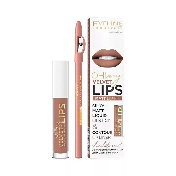 Eveline Oh! My Velvet Lips, zestaw: matowa pomadka w płynie i konturówka, 14 choco truffle,