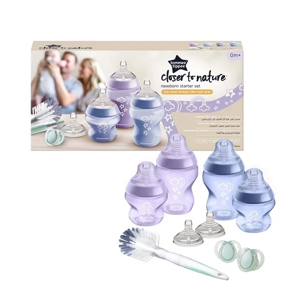 Tommee Tippee Closer To Nature zestaw startowy dla noworodka butelka ze smoczkiem 0m+ 150ml x2 + butelka ze smoczkiem 0m+ 260ml x2 + szczotka do butelek + smoczek 0-6m x2 + smoczek do butelki 3m+ x2