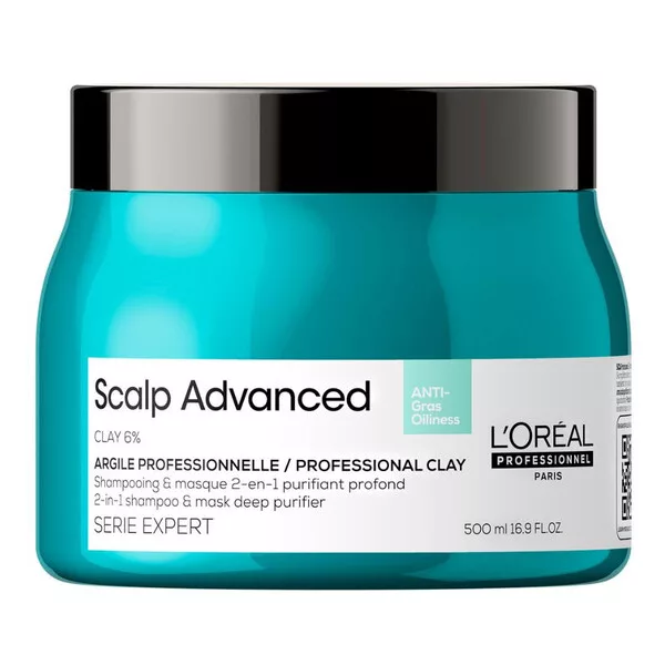 Loreal Scalp Advanced, glinka oczyszczająca 2w1 do tłustej skóry głowy, 500ml