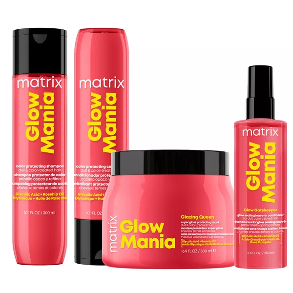 Matrix Glow Mania, zestaw nabłyszczający z efektem laminacji, szampon + odżywka + maska + odżywka w sprayu
