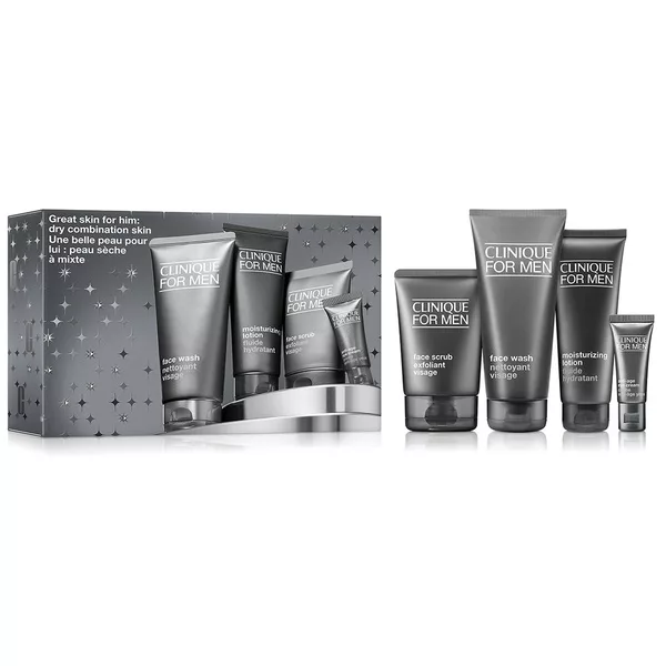 Clinique Great Skin for Him zestaw żel do mycia twarzy 200ml + peeling do twarzy 100ml + przeciwstarzeniowy krem pod oczy 15ml + emulsja nawilżająca do twarzy 100ml