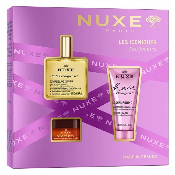 Nuxe The Iconics zestaw suchy olejek regenerujący 50ml + balsam do ust 15g + szampon wygładzający 50ml
