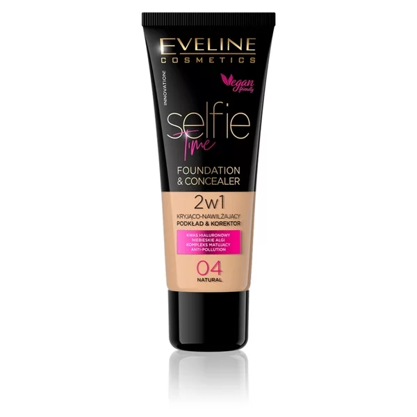 Eveline Selfie Time, kryjąco-nawilżający podkład i korektor 2w1, 04 natural, 30ml