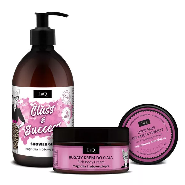 LaQ Magnolia Silver, zestaw, żel 500ml + krem do ciała 200ml + mus do twarzy 40g (sianko)