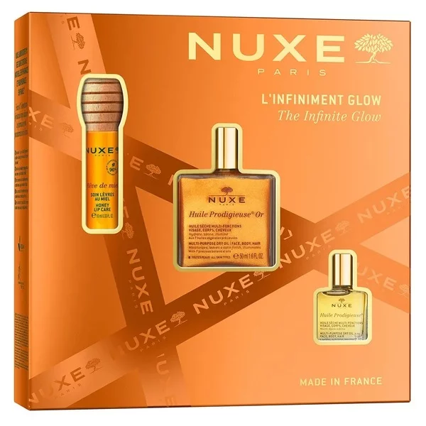 Nuxe The Infinite Glow zestaw miodowy olejek do ust 10ml + suchy olejek z drobinkami 50ml + suchy olejek 10ml