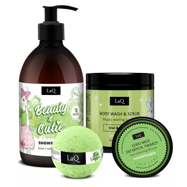 LaQ Kiwi i Winogrona Silver, zestaw, żel 500ml + peeling 220g + mus do twarzy 40g + kula 120g (sianko)