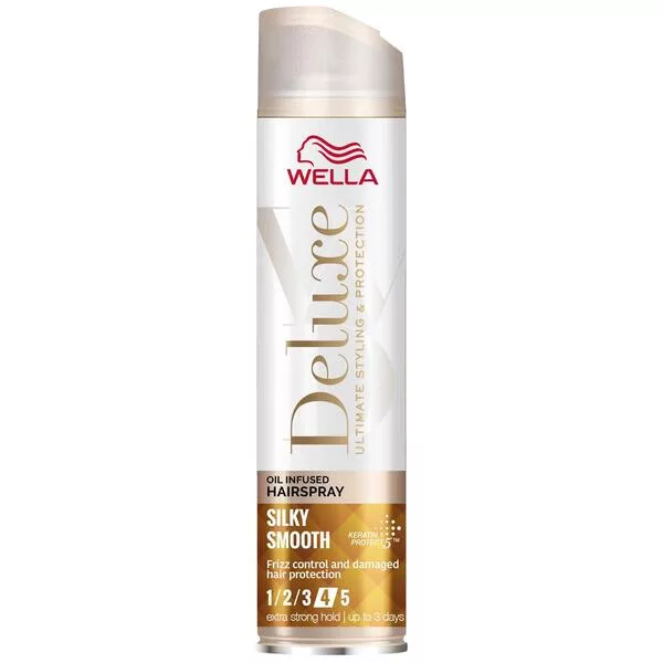 Wella Deluxe Silky Smooth, mocny lakier do włosów przeciw puszeniu, 250ml
