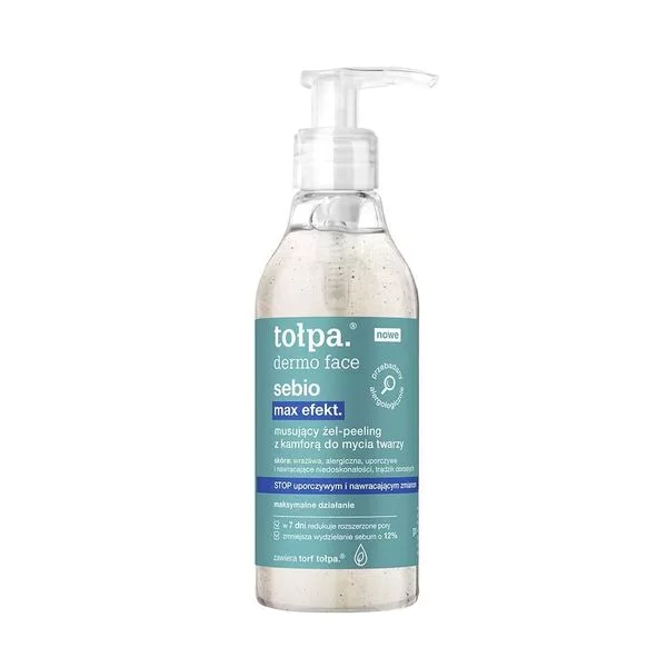 Tołpa Dermo Face Sebio Max Efekt, musujący żel-peeling z kamforą do mycia twarzy, 195ml