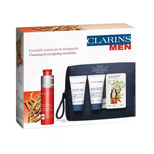 Clarins ClarinsMen zestaw żel energetyzujący 50ml + żel do mycia twarzy 30ml + żel pod prysznic 30ml + serum pod oczy 0.9ml + kosmetyczka