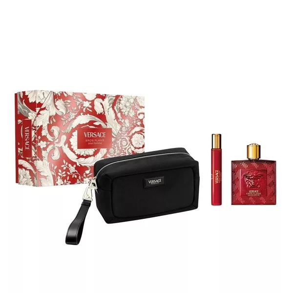 Versace Eros Flame zestaw woda perfumowana spray 100ml + miniatura wody perfumowanej spray 10ml + kosmetyczka (M)