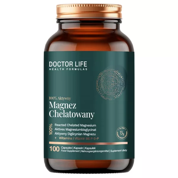 Doctor Life Magnez Chelatowany 100% aktywny + witamina B6 P-5-P suplement diety 100 kapsułek