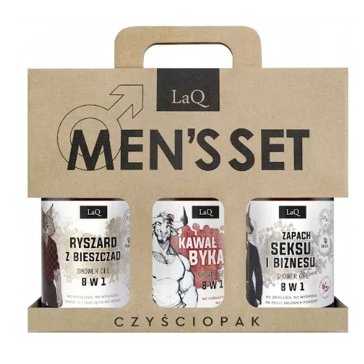 LaQ Czyściopak Męski, zestaw Czarny 3x żel 500ml: 1x ryszard z bieszczad, 1x kawał byka, 1x zapach seksu i biznesu