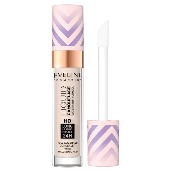 Eveline Liquid Camuflage, wodoodporny korektor kamuflujący z kwasem hialuronowym, 01 light porcelain, 7.5ml