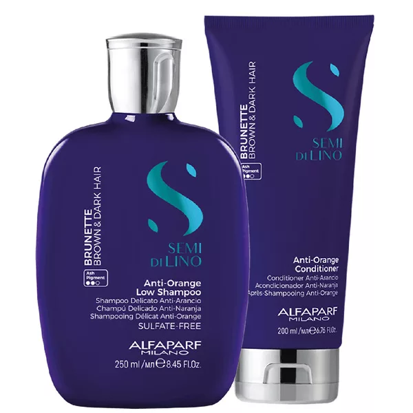 Alfaparf Milano Semi Di Lino Brunette, zestaw redukujący pomarańczowe odcienie dla brunetek, szampon + odżywka