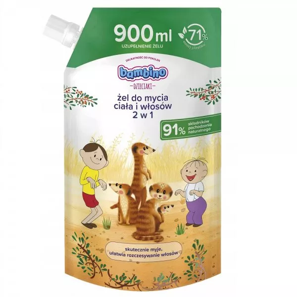 Bambino Dzieciaki żel do mycia ciała i włosów 2w1 dla dzieci, Bolek i Lolek Surykatki zapas 900ml