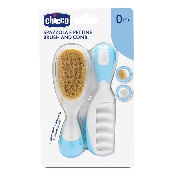 Chicco Brush and Comb zestaw szczotka z naturalnego włosia + grzebyk dla dzieci 0m+ Niebieski