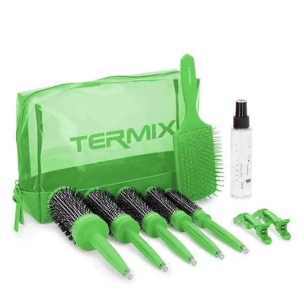 Termix, zestaw 5 zielonych szczotek i akcesoriów + spray Silky 200ml