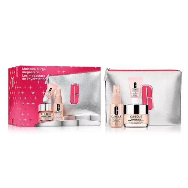 Clinique Moisture Surge Megastars zestaw nawilżający żelowy krem do twarzy 50ml + mgiełka do twarzy 30ml + balsam do ust 7ml + kosmetyczka