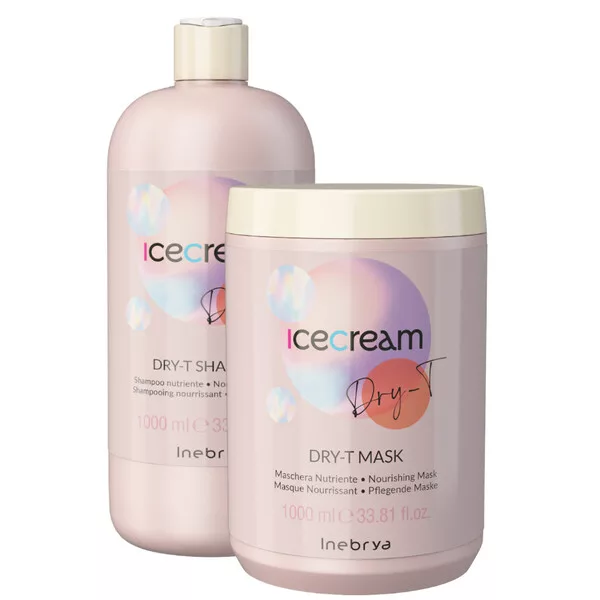 Inebrya Ice Cream Dry-T, zestaw XL do włosów suchych, puszących się i po zabiegach, szampon + maska